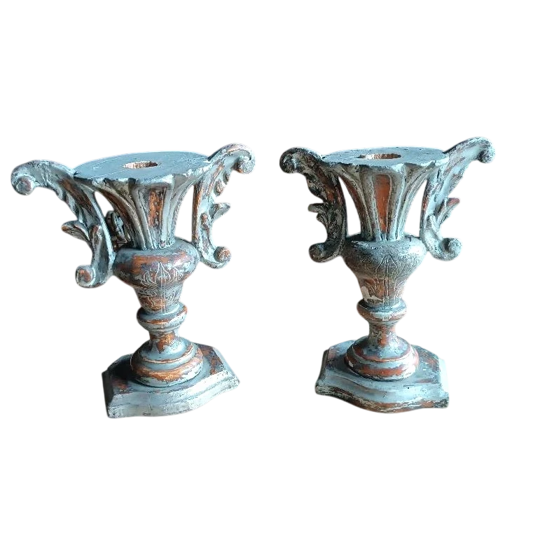 Antique pair of palm tree candlesticks - silvered wood