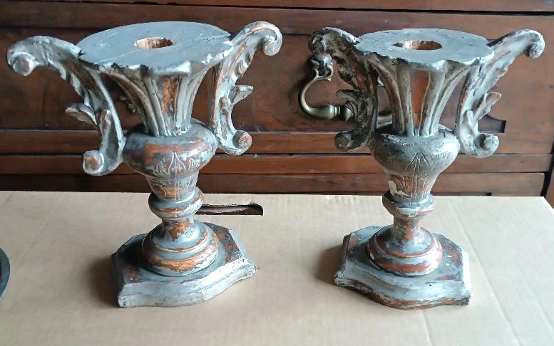 Antique pair of palm tree candlesticks - silvered wood