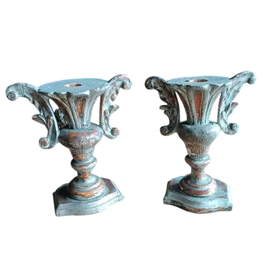 Antique pair of palm tree candlesticks - silvered wood
