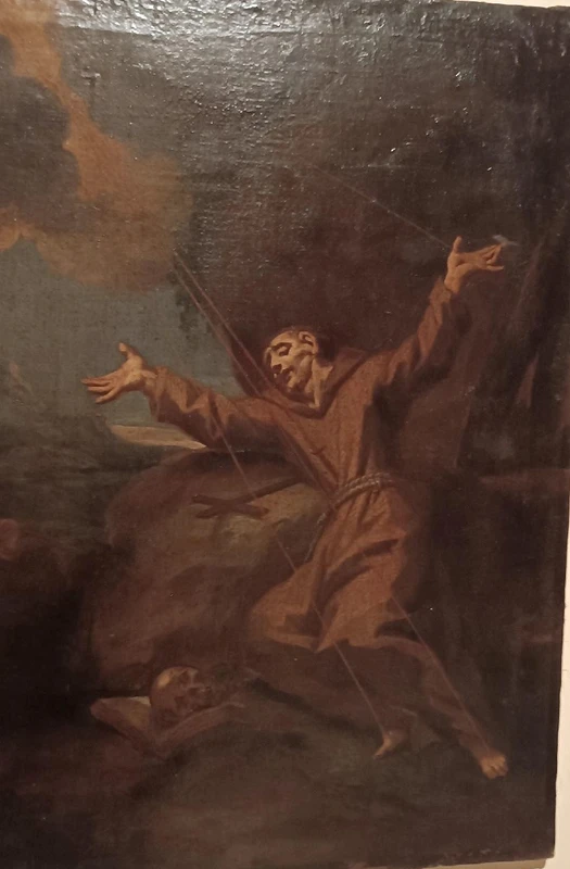Antique oil on canvas painting depicting St. Francis in ecstasy