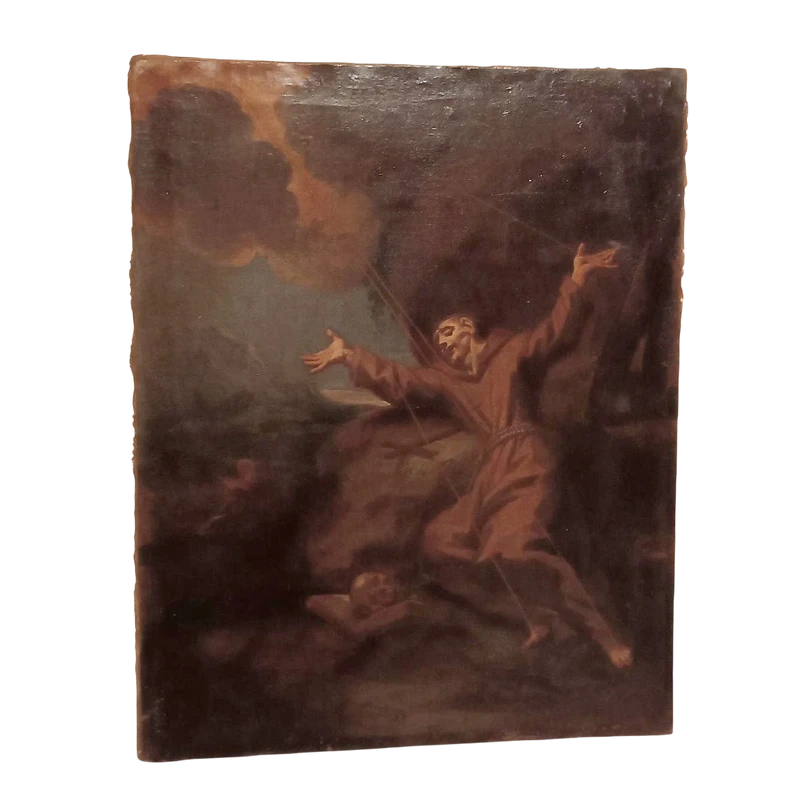 Antique oil on canvas painting depicting St. Francis in ecstasy