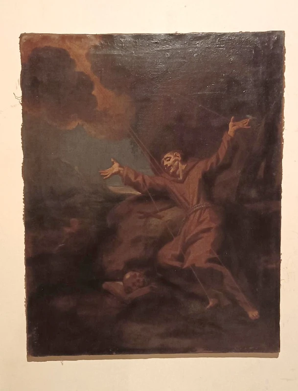Antique oil on canvas painting depicting St. Francis in ecstasy