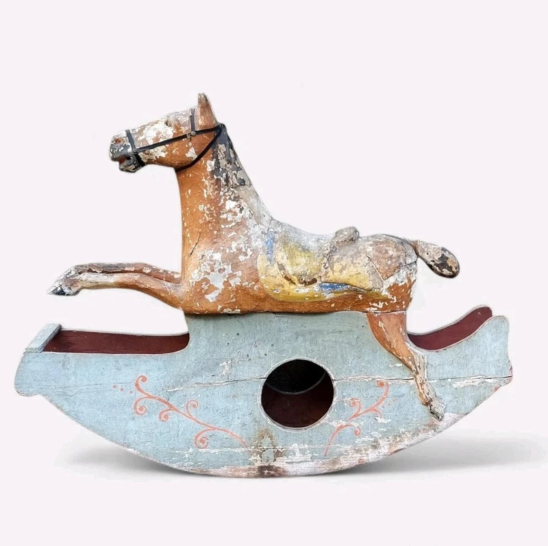 RARE ANTIQUE ANTIQUE ROCKING HORSE XIX CENTURY WOOD AND PAPER MACHE PAINTED