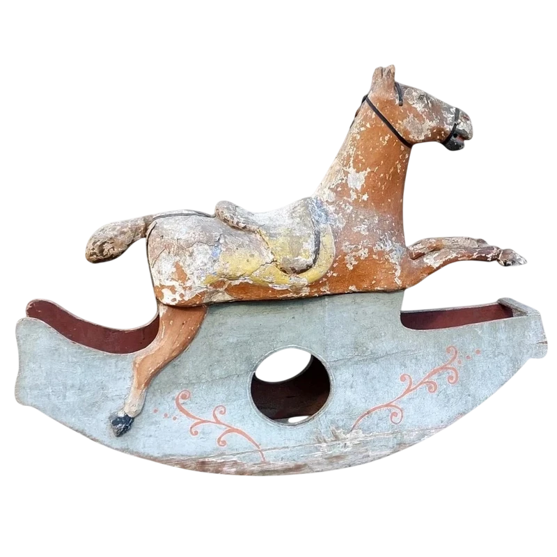 RARE ANTIQUE ANTIQUE ROCKING HORSE XIX CENTURY WOOD AND PAPER MACHE PAINTED
