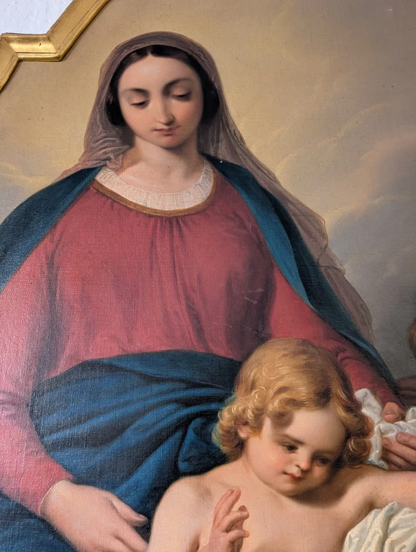 Grande pala d’altare raffigurante Santa Caterina da Genova ispirata dalla Vergine col Bambino