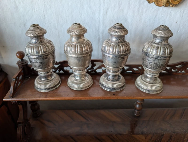 Four Silver-plated Metal Altar Palm Holders on Wooden Core.