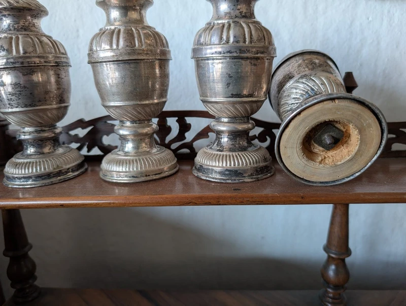 Four Silver-plated Metal Altar Palm Holders on Wooden Core.