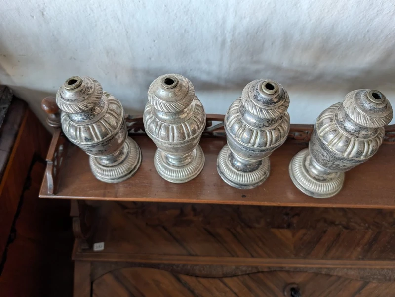 Four Silver-plated Metal Altar Palm Holders on Wooden Core.