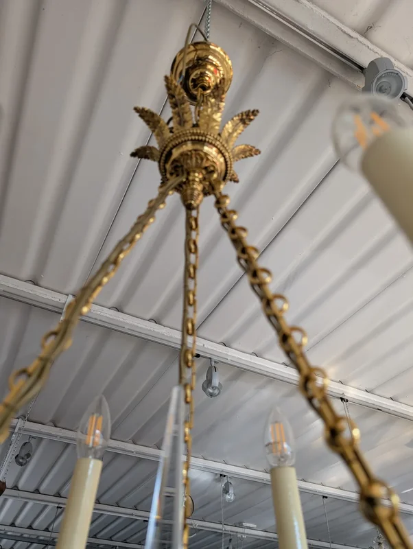 Six-light gilt bronze and blue enameled glass chandelier