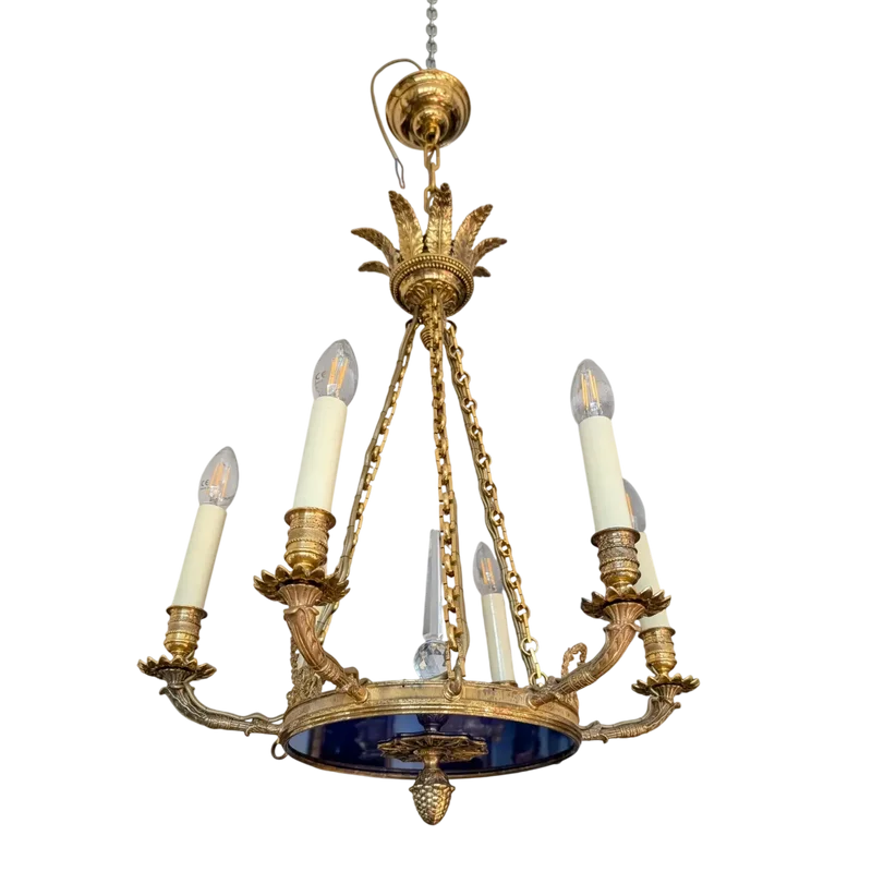 Six-light gilt bronze and blue enameled glass chandelier