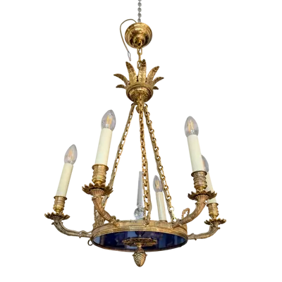 Six-light gilt bronze and blue enameled glass chandelier