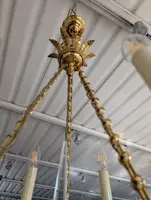 Six-light gilt bronze and blue enameled glass chandelier