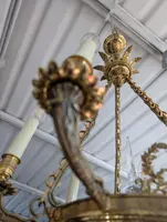 Six-light gilt bronze and blue enameled glass chandelier