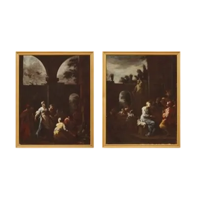 Antica coppia dipinti - scene di genere -Camillo Sagrestani ( Firenze 1660-1731)