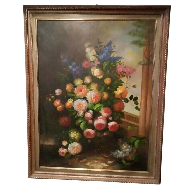 Grande peinture à l'huile nature morte fleurs Arcangelo Monzio Compagnoni