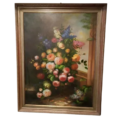 Grande dipinto olio su tela natura morta fiori Arcangelo Monzio Compagnoni