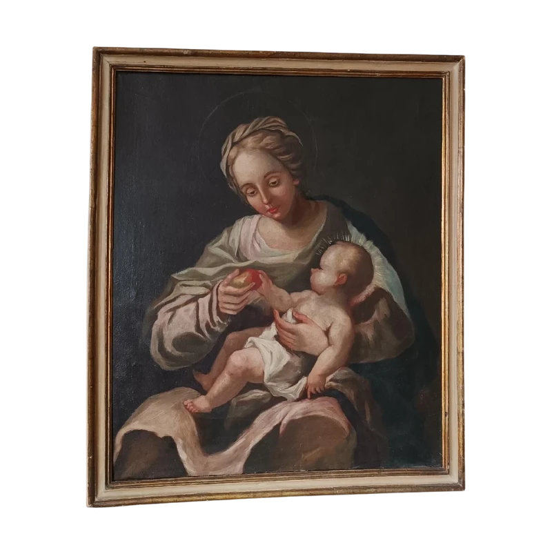 Huile ancienne sur toile Madone et enfant 18ème siècle