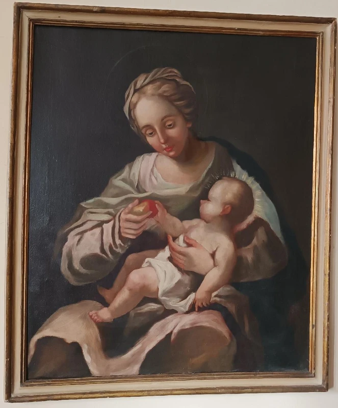 Huile ancienne sur toile Madone et enfant 18ème siècle