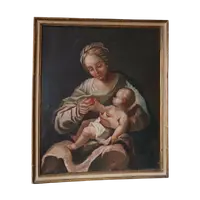 Huile ancienne sur toile Madone et enfant 18ème siècle
