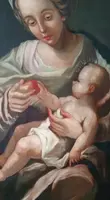 Huile ancienne sur toile Madone et enfant 18ème siècle