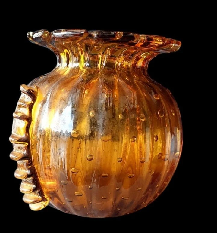 RARE VASE DE COLLECTION EN VERRE MURANO AMBRE, BAROVIER TOSO, 1950S VENISE ITALIE.