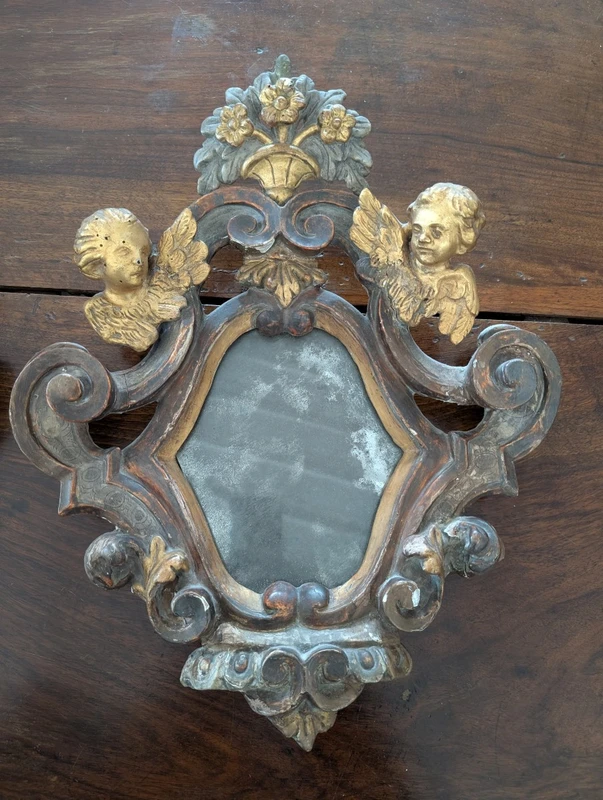 Pair of Small Mirrors with Putti Gilded and Silver-plated Wood XIX
