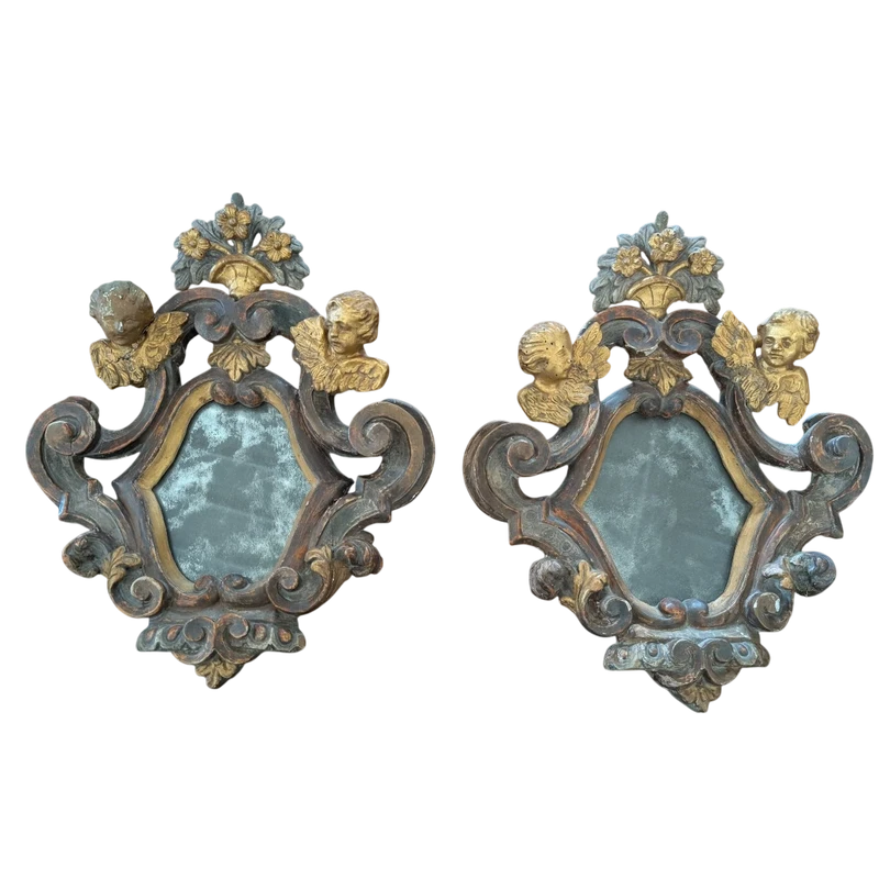 Pair of Small Mirrors with Putti Gilded and Silver-plated Wood XIX