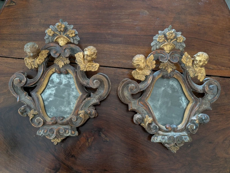 Pair of Small Mirrors with Putti Gilded and Silver-plated Wood XIX