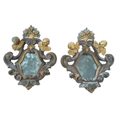 Pair of Small Mirrors with Putti Gilded and Silver-plated Wood XIX