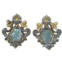 Pair of Small Mirrors with Putti Gilded and Silver-plated Wood XIX