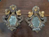 Pair of Small Mirrors with Putti Gilded and Silver-plated Wood XIX