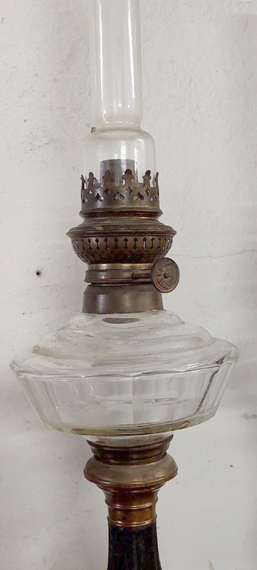 Pair of antique 19th century Empire-style metal and glass oil lamps
