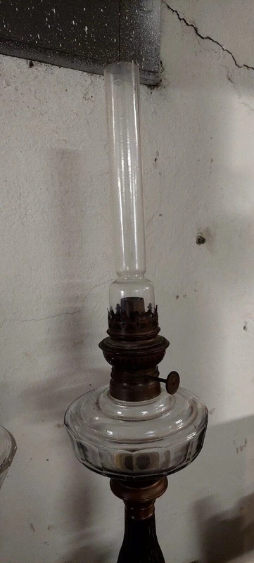 Pair of antique 19th century Empire-style metal and glass oil lamps