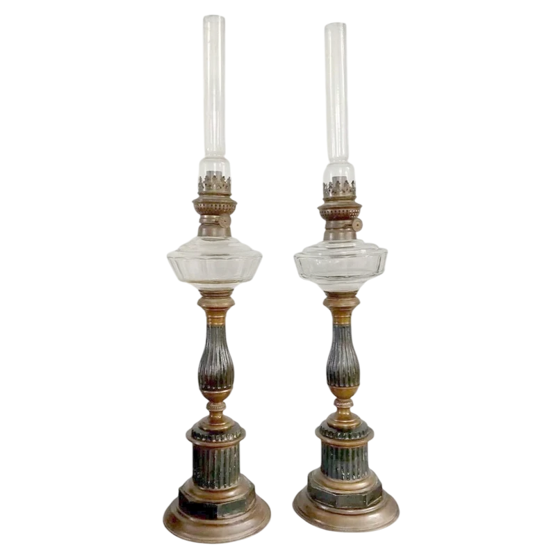 Pair of antique 19th century Empire-style metal and glass oil lamps