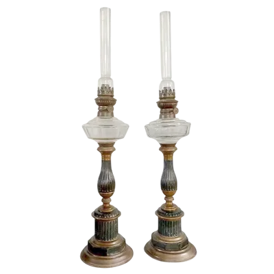 Pair of antique 19th century Empire-style metal and glass oil lamps