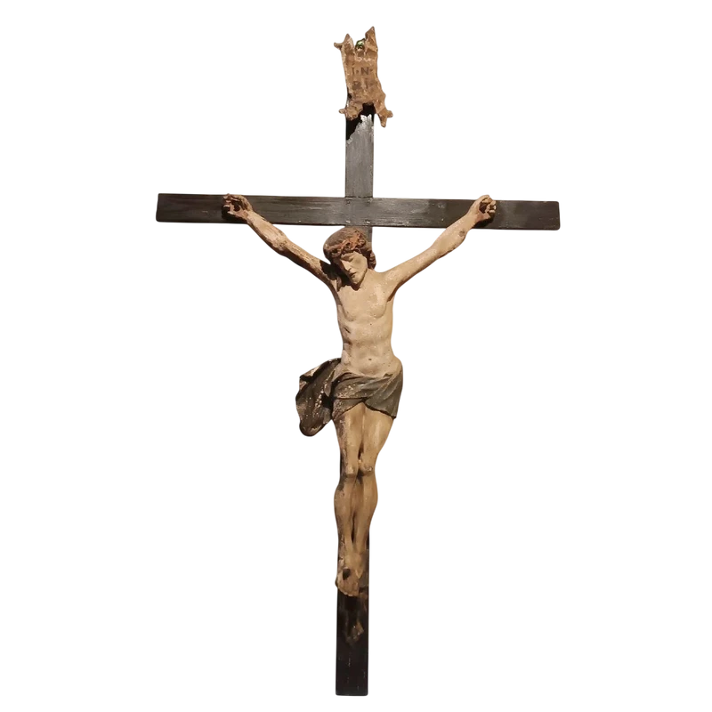 Antique large polychrome wooden christ late 17th century -