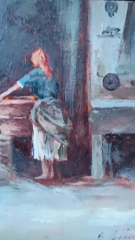 Huile sur panneau "la blanchisseuse" Gino Tommasi (1880-1942), début du 20e siècle