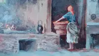 Huile sur panneau "la blanchisseuse" Gino Tommasi (1880-1942), début du 20e siècle