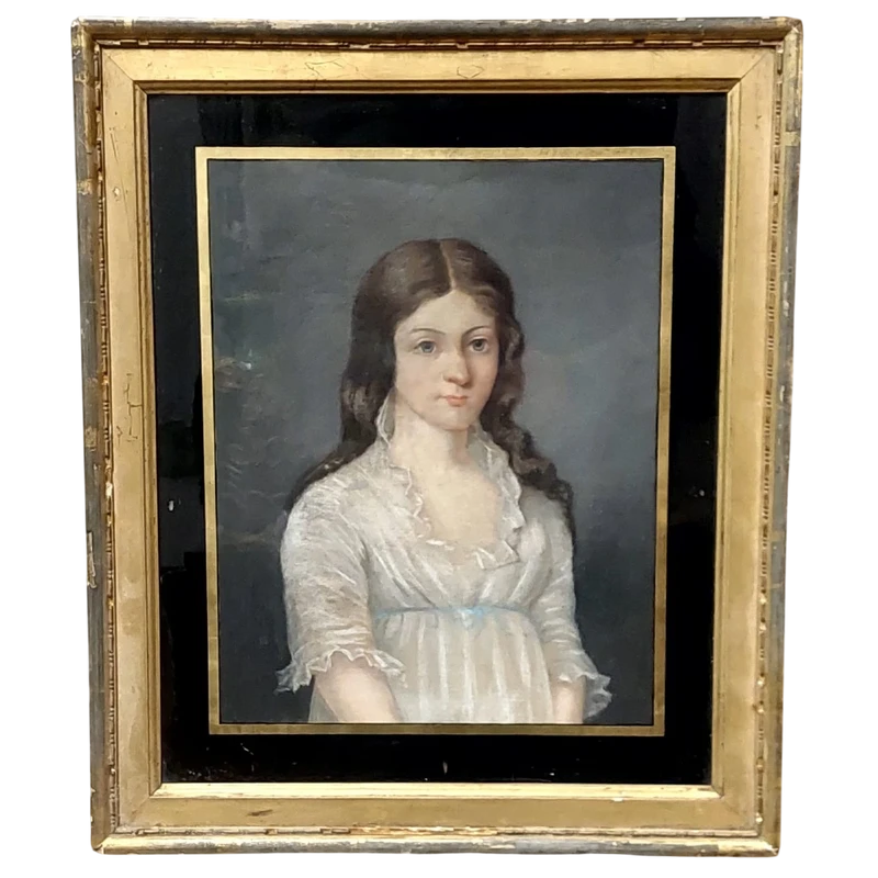 Antico ritratto  pastello su tela di  giovane nobildonna , firmato e datato  1899