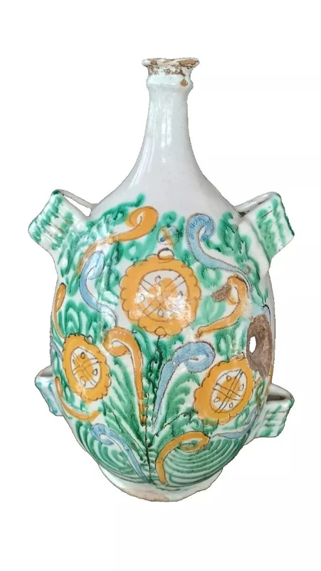 FLACON ANTIQUE EN MAJOLIQUE XVIIIE SIÈCLE ITALIE DU SUD0