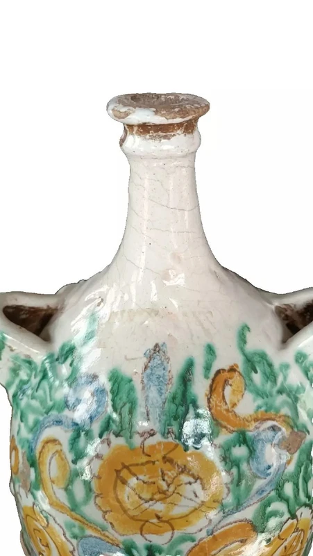 FLACON ANTIQUE EN MAJOLIQUE XVIIIE SIÈCLE ITALIE DU SUD0