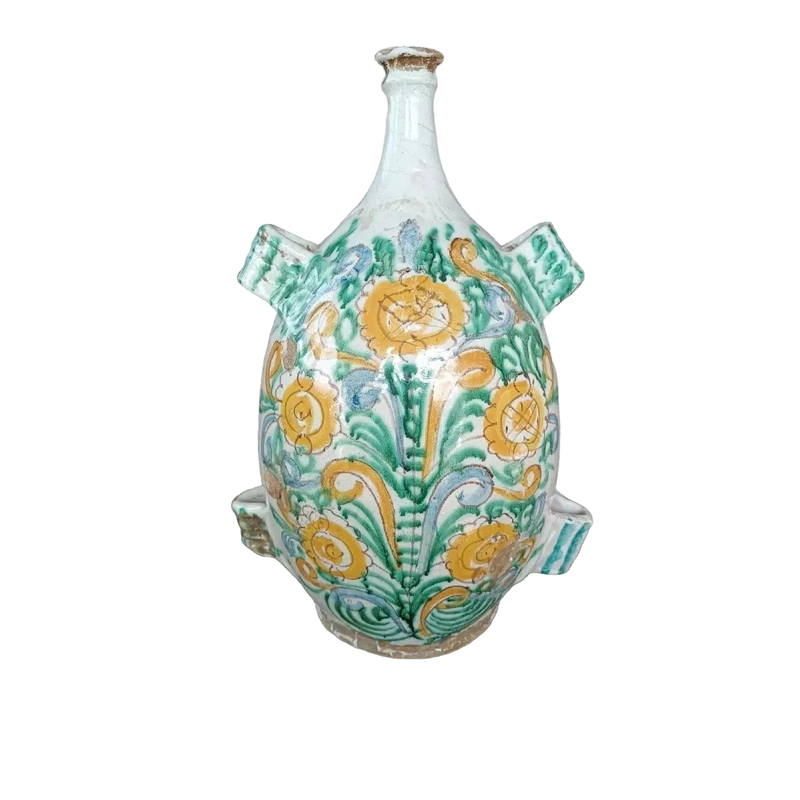 FLACON ANTIQUE EN MAJOLIQUE XVIIIE SIÈCLE ITALIE DU SUD0