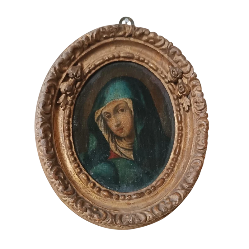 Peinture ancienne dans un cadre ovale, visage de la Madone