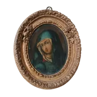 Peinture ancienne dans un cadre ovale, visage de la Madone