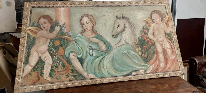 ALLEGORIA GRANDE PANNELLO DIPINTO TEMPERA SU TELA DECORATIVO 170X80 CM