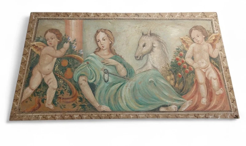 ALLEGORIA GRANDE PANNELLO DIPINTO TEMPERA SU TELA DECORATIVO 170X80 CM