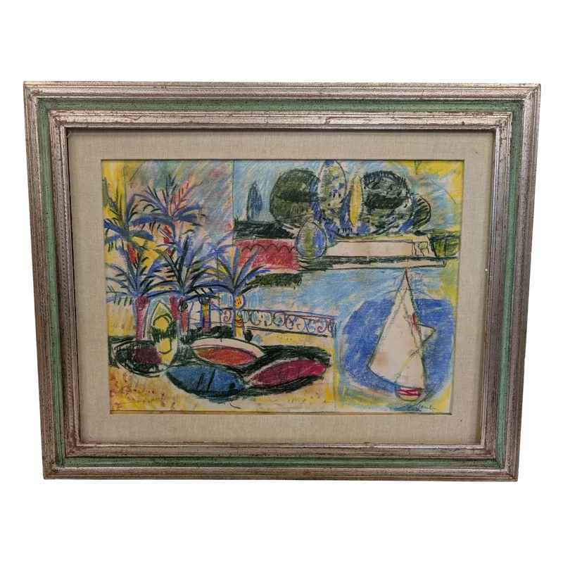 Marina with sailboat and garden, mixed technique, Enrico Paulucci