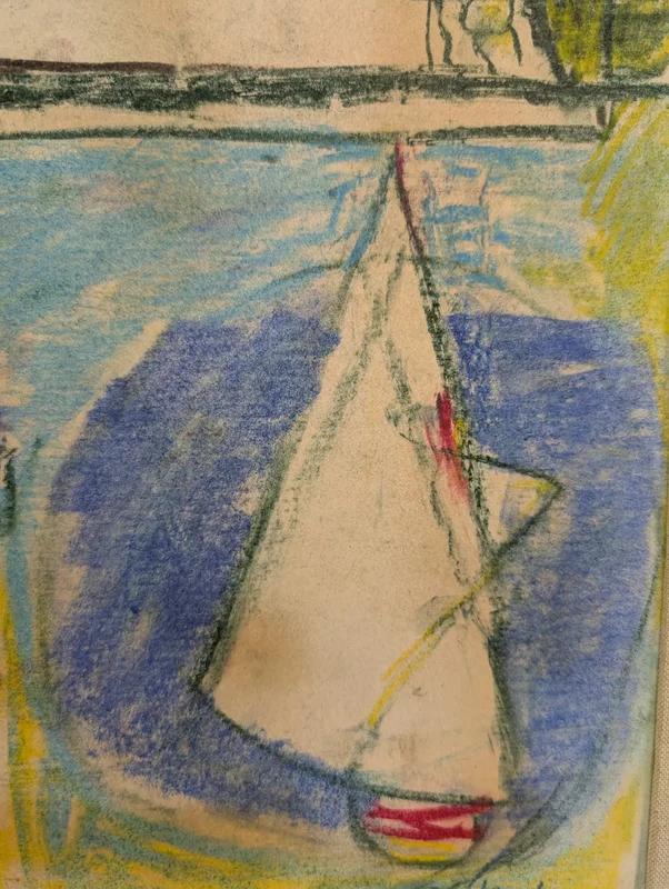 Marina with sailboat and garden, mixed technique, Enrico Paulucci