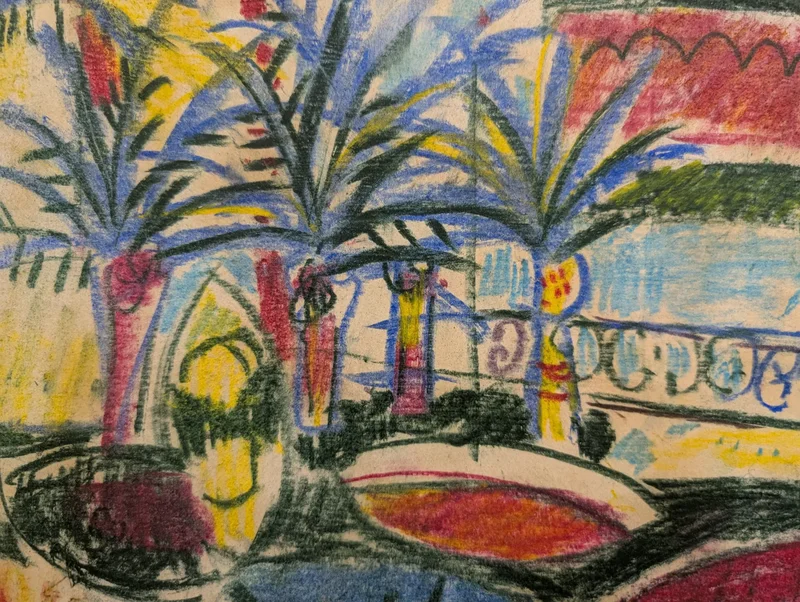 Marina with sailboat and garden, mixed technique, Enrico Paulucci