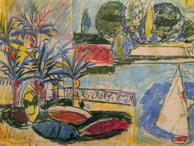 Marina with sailboat and garden, mixed technique, Enrico Paulucci